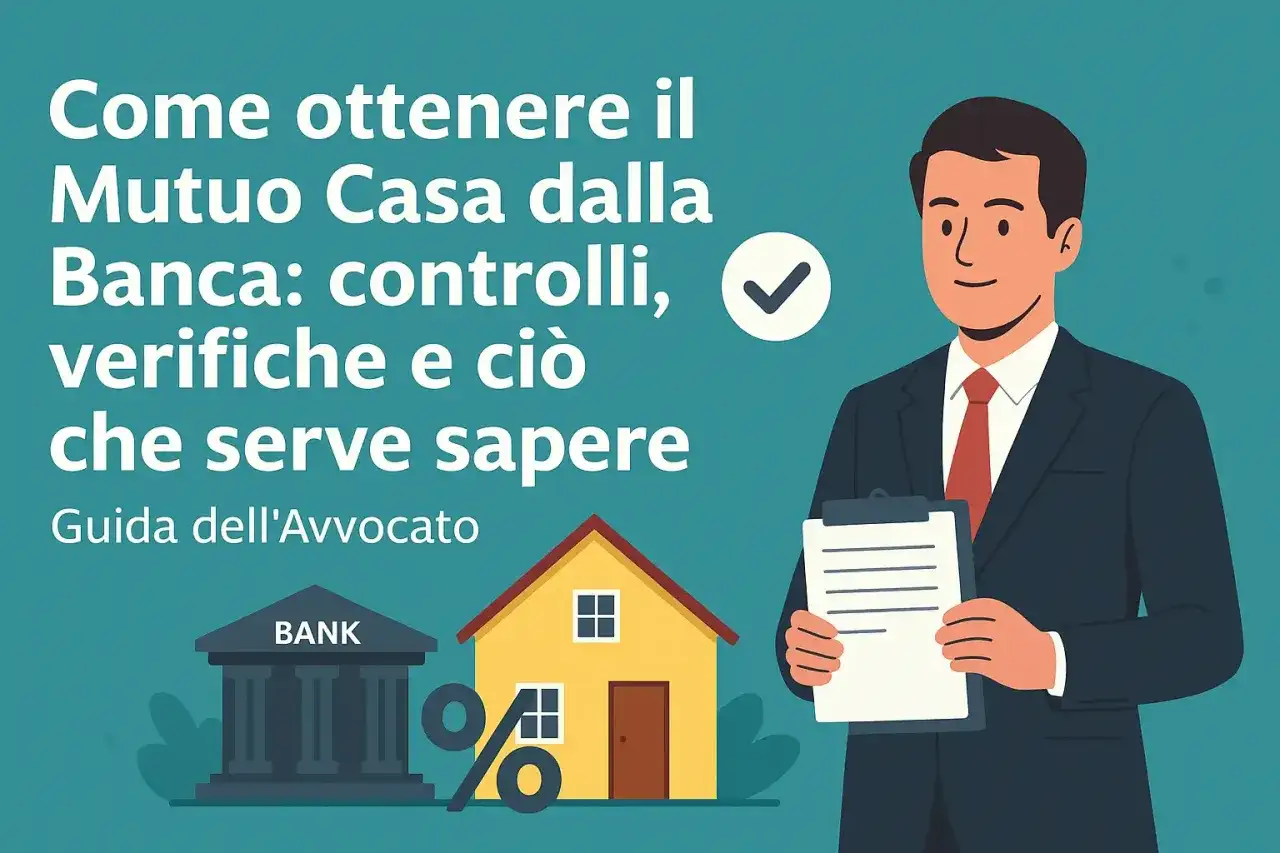 Uomo in giacca e cravatta con appunti, banca, casa e simbolo percentuale: guida alla fattibilità mutuo.