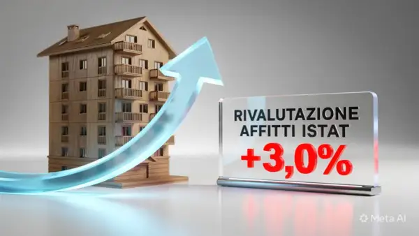 Modello di edificio con freccia blu verso l'alto. Cartello con "Rivalutazione affitti ISTAT +3,0%".
