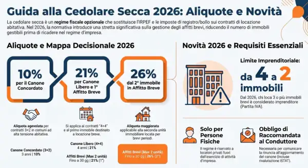 Guida alla Cedolare Secca 2026: aliquote e novità per affitto parziale prima casa. Dal 2026, limite di 2 immobili per non ricadere nel regime d'impresa.