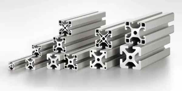 Una serie di profili in alluminio con sezione a croce, ideali per creare strutture portanti resistenti e versatili.